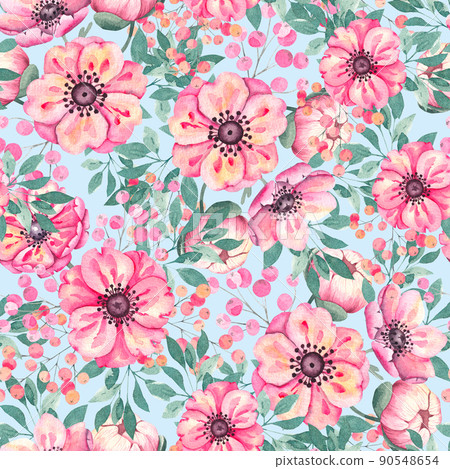 Watercolor pattern with flowers and berries on a blue background 90548654
