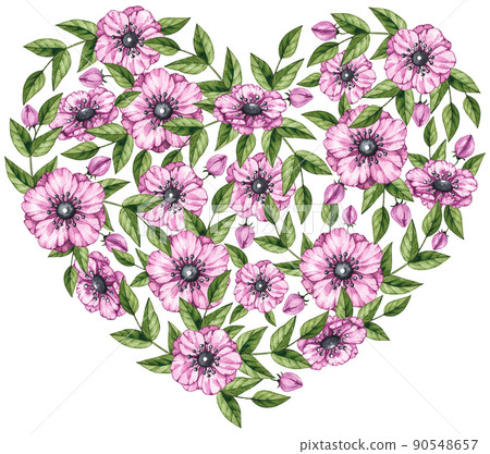 Watercolor heart of leaves and flower Watercolor heart of leaves and flower 90548657
