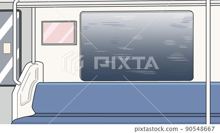 Illustration of the inside of a running subway [seats, seats, railings, trains, trains] 90548667