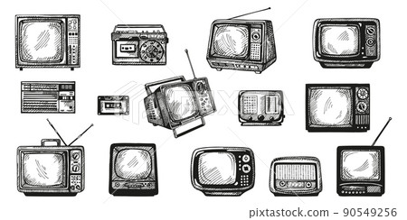 Set retro engraved device isolated on white background. Vintage television, radio and music cassette in hand drawn style. Sketch media equipment. 90549256