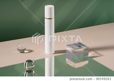 Cosmetic cream bottle mockup showcase product presentation with stylish props. Display mock up for advertising, cosmetics stand, branding scene with ball mirror, shadow light Cosmetic cream bottle mockup showcase product presentation with stylish props. Display mock up for advertising, cosmetics stand, branding scene with ball mirror, shadow light 90549261