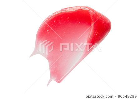 Beauty mask swatch smear smudge isolated on white. Red face lotion tooth brush moisturiser texture. Skincare product, toothbrush for kids, depilation wax sample 90549289