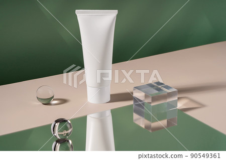 Showcase cosmetics mock up for advertising, cosmetics stand, branding scene with ball and mirror, shadow light. Cosmetic cream mockup showcase product presentation. Green backdrop 90549361