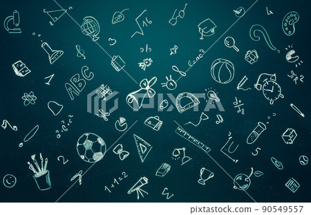 School icons set drawing in chalkboard. Back to school concept. Hand drawn background with school 90549557