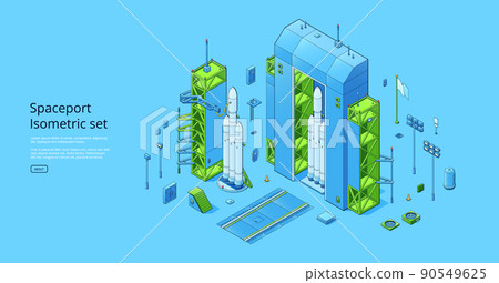 Spaceport isometric set with rocket on cosmodrome 90549625