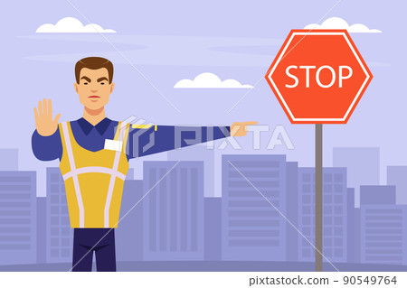 Man Road Police Officer Showing Stop Sign and Pointing Finger Vector Illustration 90549764