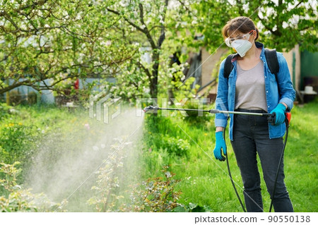 Woman with backpack garden spray gun under pressure handling bushes roses 90550138