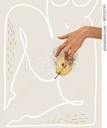 Contemporary art collage. Creative design. Line art. Drawn female body silhouette with pear element. Self-love. Contemporary art collage. Creative design. Line art. Drawn female body silhouette with pear element. Self-love. 90550745
