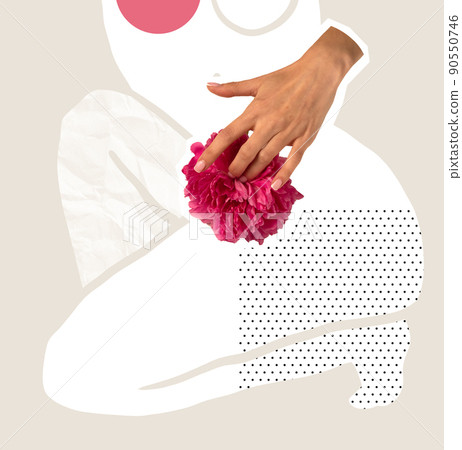 Contemporary art collage. Creative design. Line art. Drawn female body silhouette with tender flower element. Femininity. Contemporary art collage. Creative design. Line art. Drawn female body silhouette with tender flower element. Femininity. 90550746