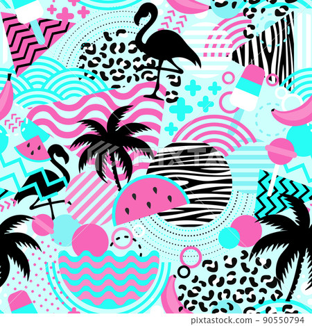 Seamless pattern with flamingos and palms. Exotic Hawaii background 90550794