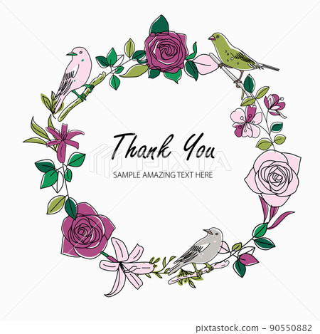 Vintage Greeting Card with Blooming Flowers and Birds. Thank You with Place for Your Text. Roses, Wildflowers, Vector Illustration 90550882