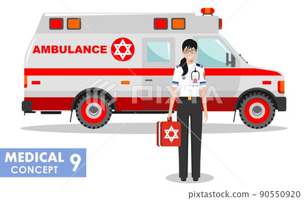 Medical concept. Detailed illustration of jewish emergency doctor woman and ambulance car in flat style on white background. Vector illustration. Medical concept. Detailed illustration of jewish emergency doctor woman and ambulance car in flat style on white background. Vector illustration. 90550920