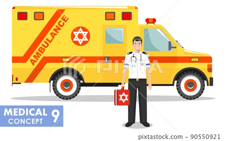 Medical concept. Detailed illustration of jewish emergency doctor man and ambulance car in flat style on white background. Vector illustration. Medical concept. Detailed illustration of jewish emergency doctor man and ambulance car in flat style on white background. Vector illustration. 90550921