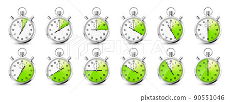 Realistic classic stopwatch icons. Shiny metal chronometer time counter with dial. Green countdown timer showing minutes and seconds. Time measurement for sport, start and finish. Vector illustration Realistic classic stopwatch icons. Shiny metal chronometer time counter with dial. Green countdown timer showing minutes and seconds. Time measurement for sport, start and finish. Vector illustration 90551046