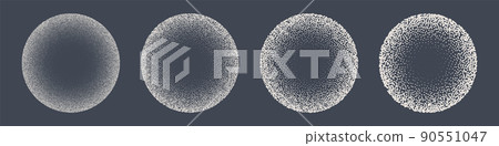 Round shaped dotted objects, stipple elements. Fading gradient. Stippling, dotwork drawing, shading using dots. Pixel disintegration, halftone effect. White noise grainy texture. Vector illustration Round shaped dotted objects, stipple elements. Fading gradient. Stippling, dotwork drawing, shading using dots. Pixel disintegration, halftone effect. White noise grainy texture. Vector illustration 90551047