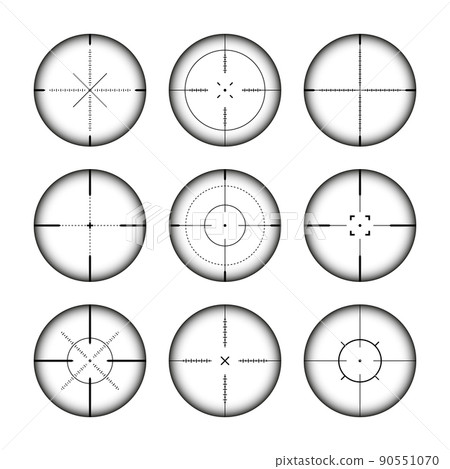 Various weapon sights, sniper rifle optical scopes. Hunting gun viewfinder with crosshair. Aim, shooting mark symbol. Military target sign, silhouette. Game interface UI element. Vector illustration 90551070