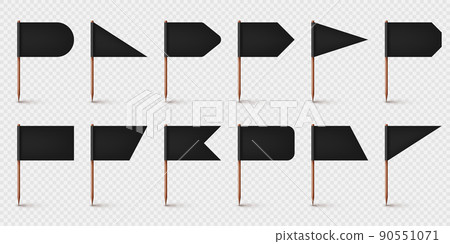 Realistic various toothpick flags. Wooden toothpicks with black paper flag. Location mark, map pointer. Blank mockup for advertising and promotions. Vector illustration Realistic various toothpick flags. Wooden toothpicks with black paper flag. Location mark, map pointer. Blank mockup for advertising and promotions. Vector illustration 90551071