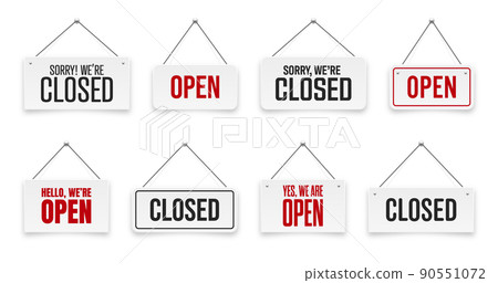 Realistic open or closed hanging signboards. Vintage door sign for cafe, restaurant, bar or retail store. Announcement banner, information signage for business or service. Vector illustration Realistic open or closed hanging signboards. Vintage door sign for cafe, restaurant, bar or retail store. Announcement banner, information signage for business or service. Vector illustration 90551072