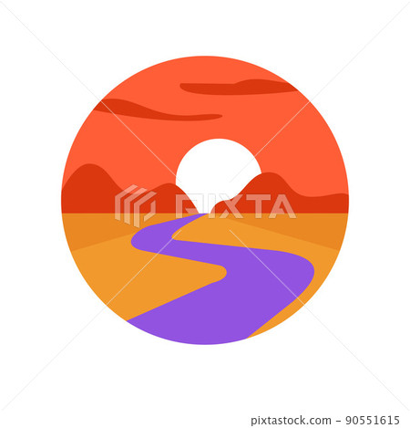 Logo of path river trail in wild nature landscape icon vector or pathway road valley modern print design flat illustration, desert horizon and sunrise, sunset dawn view in round circle shape image Logo of path river trail in wild nature landscape icon vector or pathway road valley modern print design flat illustration, desert horizon and sunrise, sunset dawn view in round circle shape image 90551615