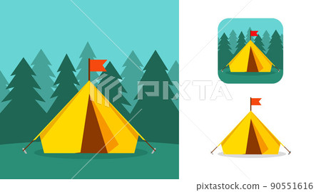 Camp tent in forest flat vector and campsite tourist app isolated on white background cartoon illustration modern closeup clipart image Camp tent in forest flat vector and campsite tourist app isolated on white background cartoon illustration modern closeup clipart image 90551616