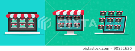Multi vendor marketplace shop vector or multivector ecommerce tech with multiples online stores on virtual market place flat illustration, digital big mall concept on computer laptop screen image Multi vendor marketplace shop vector or multivector ecommerce tech with multiples online stores on virtual market place flat illustration, digital big mall concept on computer laptop screen image 90551620