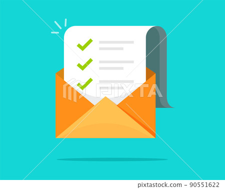 Mail email check list icon vector or exam checklist marks in digital envelope open flat cartoon illustration, idea of newsletter marketing campaign with ticks selected, electronic vote concept modern Mail email check list icon vector or exam checklist marks in digital envelope open flat cartoon illustration, idea of newsletter marketing campaign with ticks selected, electronic vote concept modern 90551622