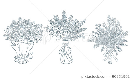 Illustration of a bouquet. Hand-painted bouquet, vase flower, or flower bouquet. Decorative illustration. Line drawing. 90551961