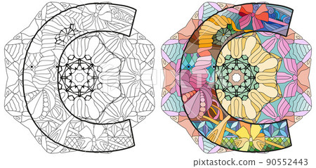 Letter C monogram on mandala, engraving design. Vector illustration for coloring. Color and outline set 90552443