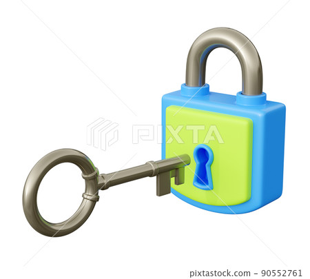 Closed padlock with key 3d render illustration. Metal key near hole in secured blue and green lock. Closed padlock with key 3d render illustration. Metal key near hole in secured blue and green lock. 90552761