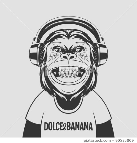 Vector Funny Smiling Black and White Monochrome Chimpanzee Ape with Headphones. Happy Monkey for Wall Art, T-shirt Print, Poster. Cartoon Cute Chimp Monkey 90553809