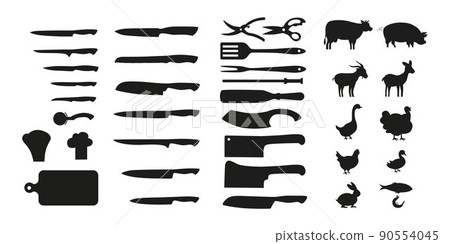 Meat symbols and chef knifes outline set. Vector stock illustration isolated on white background for design packaging label, logo, menu in restaurant or butchery. EPS10 90554045
