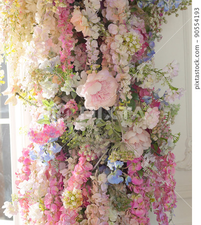 violet lilac, hydrangea, peony flower composition background on the wall 90554193