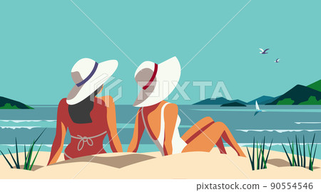 Two Females Relaxing on Seaside Sand Beach vector Two Females Relaxing on Seaside Sand Beach vector 90554546