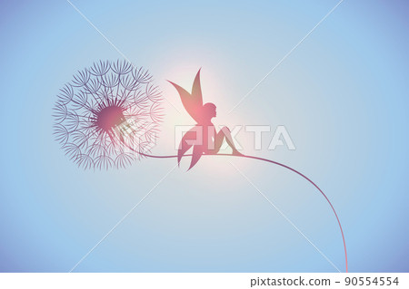 fairy sits on a dandelion silhouette sunny background fairy sits on a dandelion silhouette sunny background 90554554