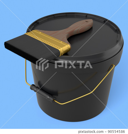 Closed plastic can or buckets with paint bristle brush on blue background. Closed plastic can or buckets with paint bristle brush on blue background. 90554586