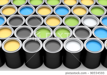 Set of open metal can or buckets of paint in row pattern on white background. 90554593