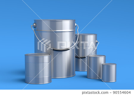 Set of metal cans or buckets of paint with handle on blue background. Set of metal cans or buckets of paint with handle on blue background. 90554604