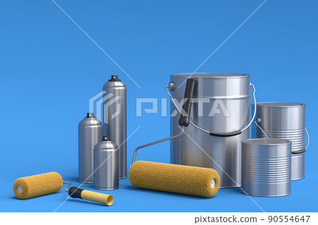 Set of metal and plastic buckets, spray paint, paint roller and brush on blue. Set of metal and plastic buckets, spray paint, paint roller and brush on blue. 90554647