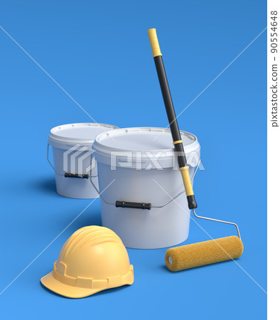Set of safety helmet, bucket with paint rollers and brushes on blue background. Set of safety helmet, bucket with paint rollers and brushes on blue background. 90554648