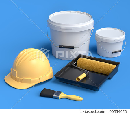 Set of safety helmet, bucket with paint rollers and brushes on blue background. 90554653