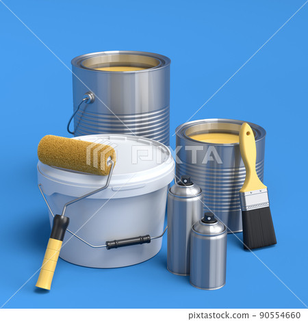Set of metal and plastic buckets, spray paint, paint roller and brush on blue. 90554660