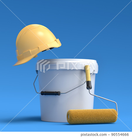 Set of safety helmet, bucket with paint rollers and brushes on blue background. Set of safety helmet, bucket with paint rollers and brushes on blue background. 90554666