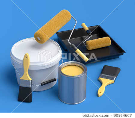 Set of safety helmet, bucket with paint rollers and brushes on blue background. 90554667