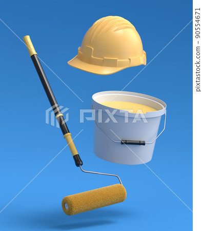 Set of safety helmet, bucket with paint rollers and brushes on blue background. Set of safety helmet, bucket with paint rollers and brushes on blue background. 90554671