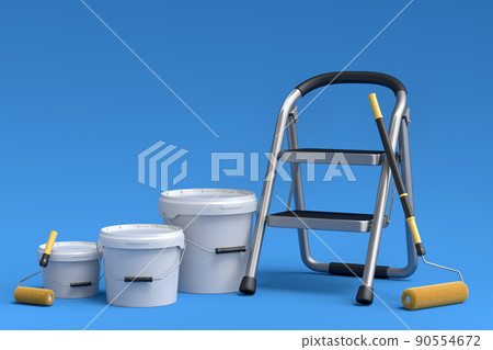 Set of metal cans or buckets with paint roller and folding ladder on blue. 90554672