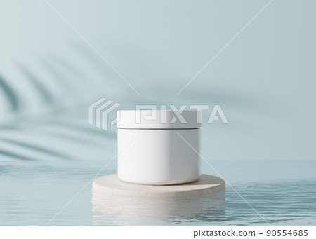 White, blank, unbranded cosmetic cream jar with leaves shadows and water on blue background. Skin care product presentation. Elegant mockup. Skincare, beauty and spa. Jar with copy space. 3D rendering 90554685