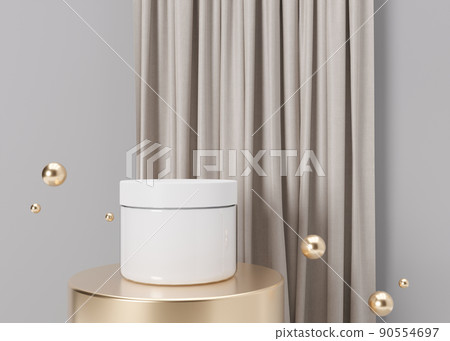 White and blank, unbranded cosmetic cream jar standing on golden podium. Skin care product presentation. Elegant mockup. Skincare, beauty and spa. Jar with copy space. 3D rendering. White and blank, unbranded cosmetic cream jar standing on golden podium. Skin care product presentation. Elegant mockup. Skincare, beauty and spa. Jar with copy space. 3D rendering. 90554697
