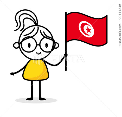 Woman holding flag of Tunisia isolated on white background. Hand drawn doodle line art man. Concept of country. Vector stock illustration. Woman holding flag of Tunisia isolated on white background. Hand drawn doodle line art man. Concept of country. Vector stock illustration. 90554836