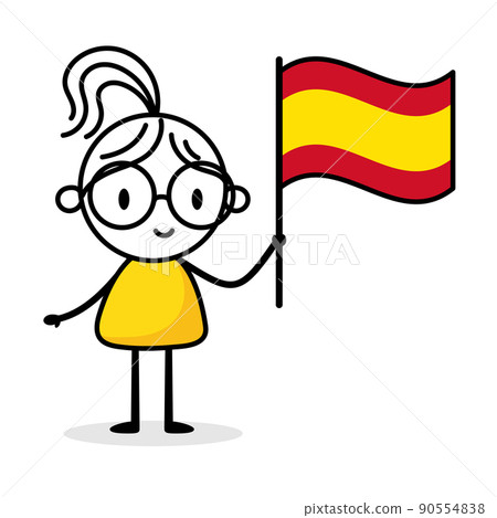 Woman holding flag of Spain isolated on white background. Hand drawn doodle line art man. Concept of country. Vector stock illustration. Woman holding flag of Spain isolated on white background. Hand drawn doodle line art man. Concept of country. Vector stock illustration. 90554838
