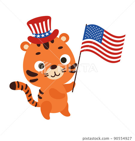 Cute little tiger holding flag of United States in patriotic hat. Cartoon animal character for kids t-shirt, decoration, baby shower, greeting card, house interior. Vector stock illustration. 90554927